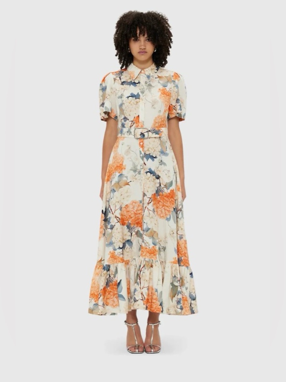 Leo Lin Becca Short Sleeve Linen Midi Dress - Hydrangea Print in Vanilla AU8/US4